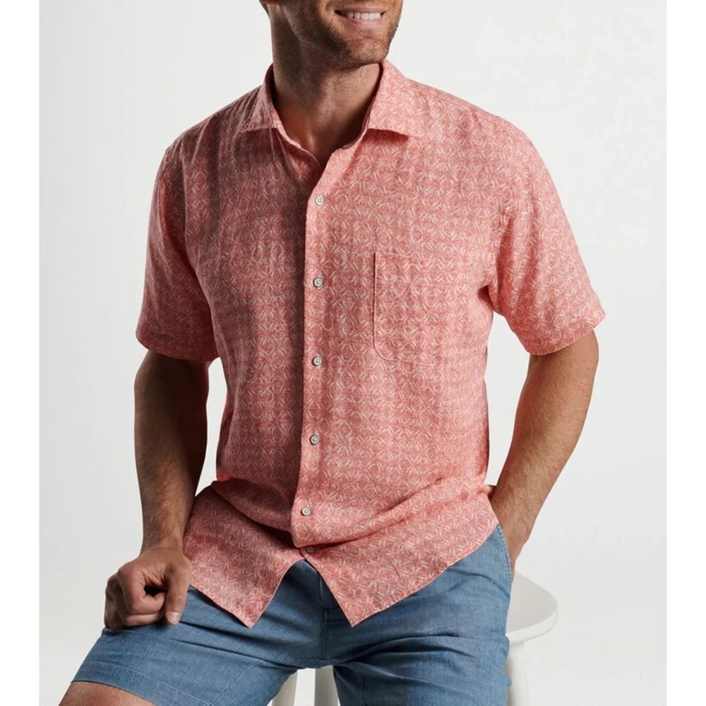 Peter Millar Sandblast Linen Shirt Men Medium Clay Rose Short Sleeve NWT $155
